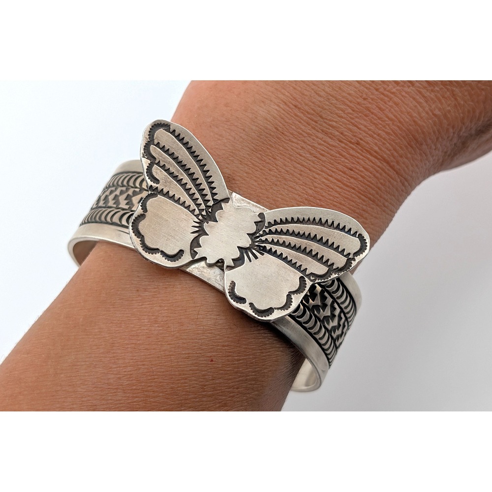 Navajo Cuff Bracelet Butterfly Sterling Silver Native Jewelry Signed Sz 7 **‎